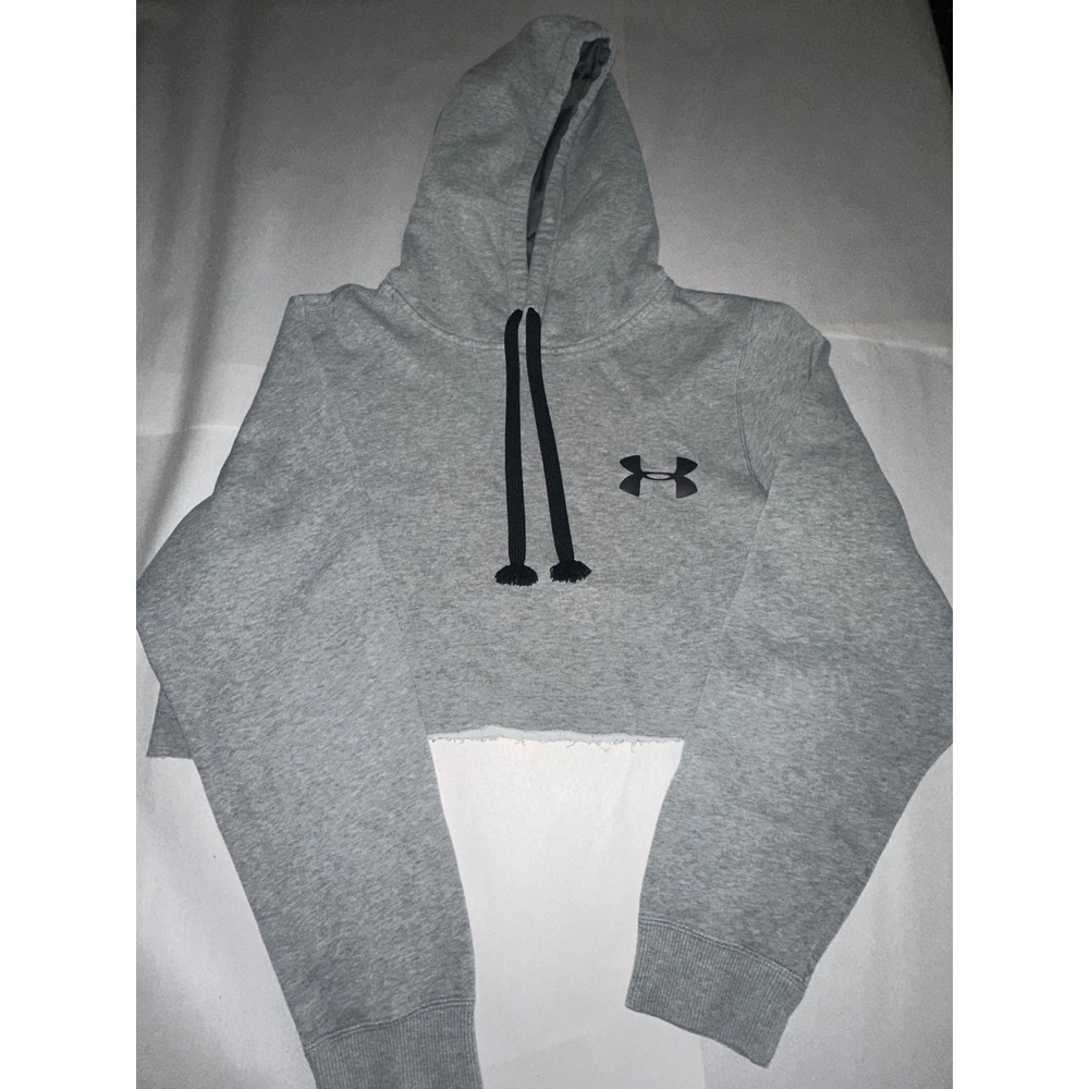 Under Armour Womens Cropped Hoodie Heather Grey Raw Hem Logo Sweatshirt